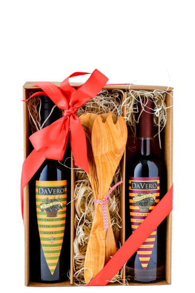 Olive oil, vinegar, and salad servers with gift wrap